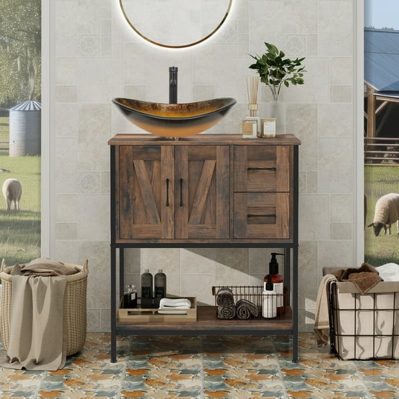 PULUOMIS Bathroom Vanity, 30" Rustic Brown Bathroom Vanity with Sink Combo Set, Farmhouse Modern Wood Bathroom Cabinet with Black Ceramic Sink