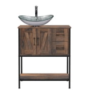 PULUOMIS Bathroom Vanity, 30" Rustic Brown Bathroom Vanity with Sink Combo Set, Farmhouse Modern Wood Bathroom Cabinet with Black Ceramic Sink