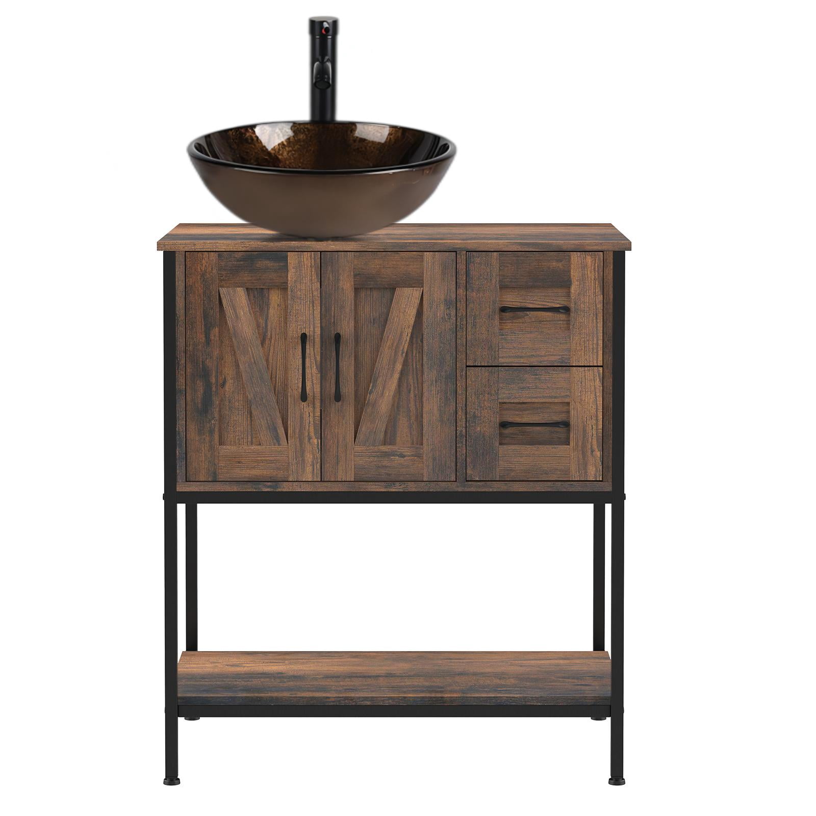 PULUOMIS Bathroom Vanity, 30" Rustic Brown Bathroom Vanity with Sink Combo Set, Farmhouse Modern Wood Bathroom Cabinet with Black Ceramic Sink