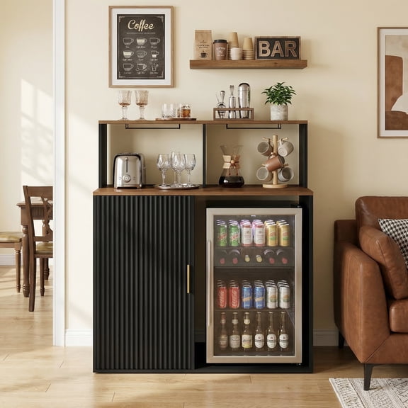 PULUOMIS Coffee Bar With Mini Fridge Space, Mini Fridge Cabinet Stand,Liquor Wine Cabinet For Dorm, Kitchen Or Office