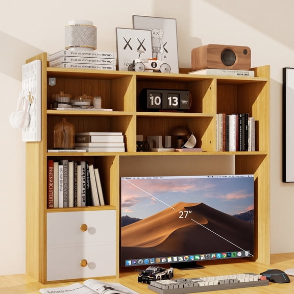 PULUOMIS Desktop Bookshelf, Desk Shelf with 2 Drawers for Computer Desk, 36.22" 7-Tier Adjustable Desktop Hutch Organizer with Pegboard for Home Office, Oak