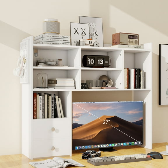 PULUOMIS Desktop Bookshelf, Desk Shelf with 2 Drawers for Computer Desk, 36.22" 7-Tier Adjustable Desktop Hutch Organizer with Pegboard for Home Office, White
