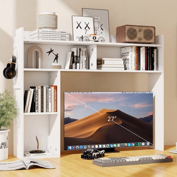 PULUOMIS Desktop Bookshelf, Desk Shelf for Computer Desk, 33.46" 5-Tier Adjustable Desktop Hutch Organizer with Pegboard for Home Office, White