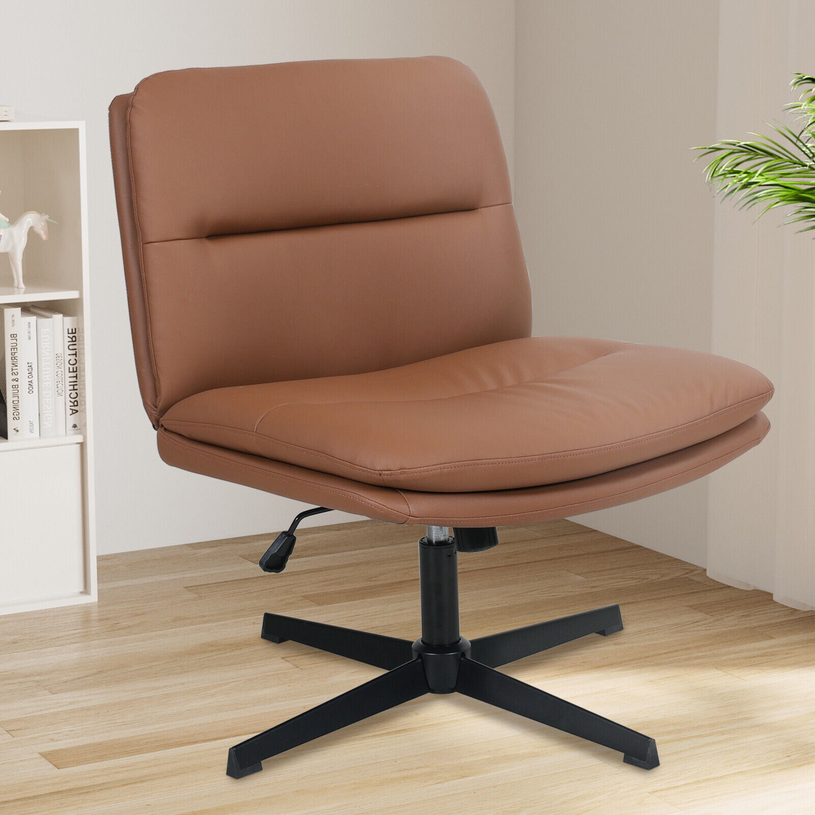 PULUOMIS Home Office Desk Chair Armless No Wheels Seat w/ Pu Leather