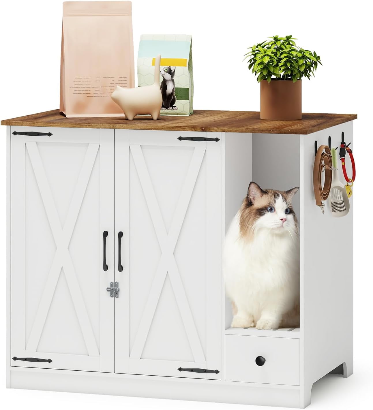 PULUOMIS Large/Tall Cat Litter Enclosure, Litter Box Furniture Hidden, Cat Litter Box Enclosure Cabinet Large with Double Doors and Pull-Out Drawer for Self-Cleaning Litter Boxes