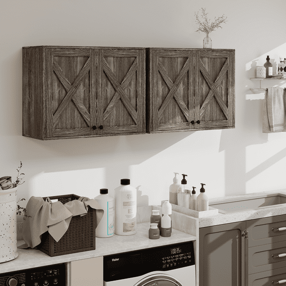 PULUOMIS Laundry Cabinet, Medicine Cabinet, Bathroom Kitchen Storage Wall Mounted Farmhouse Organizer with Shelves Over Toilet, One Set of 2 Pieces X 24", Grey