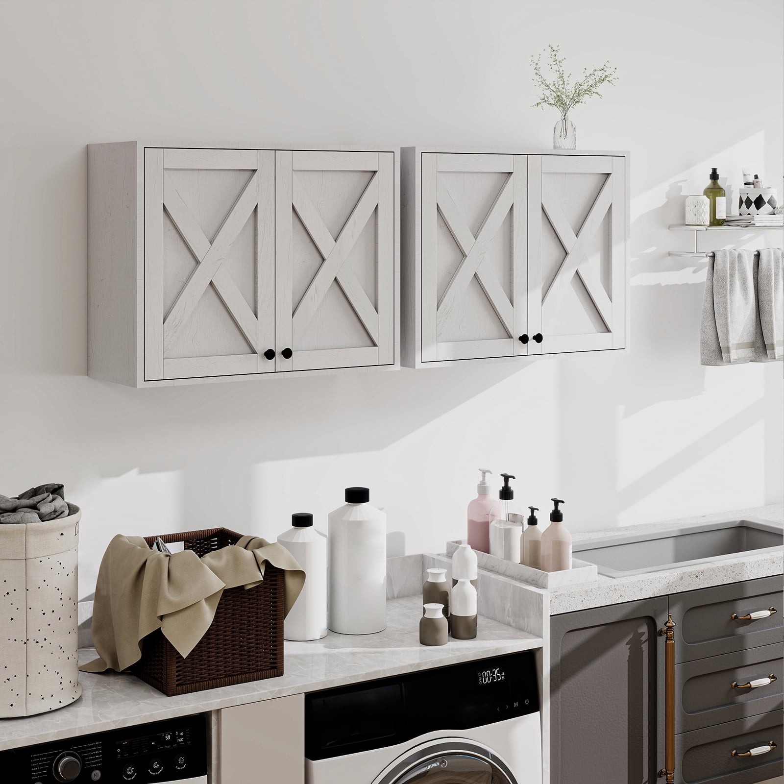 PULUOMIS Laundry Cabinet, Medicine Cabinet, Bathroom Kitchen Storage Wall Mounted Farmhouse Organizer with Shelves Over Toilet, One Set of 2 Pieces X 24", White