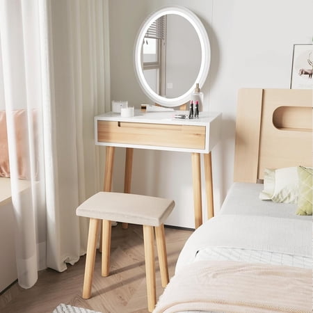 PULUOMIS Makeup Vanity Table Set with 3 Adjustable Lighted Mirror Small Vanity Desk with Drawer and Stool for Small Space Bedroom