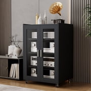 PULUOMIS Media Storage Cabinet, Audio-Video Media Stand,Stereo Cabinet with 4 Height-Adjustable Shelves, AV Rack with Glass Doors for Meeting, Living, Recording Room, Black
