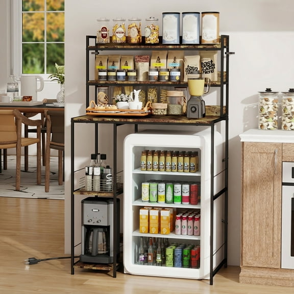 PULUOMIS Mini Fridge Stand with Storage Shelves, 5-Tier Kitchen Bakers Rack, Space Saving Mini Fridge Cabinet, Adjustable Left/Right Organizer with Power Outlet, Brown