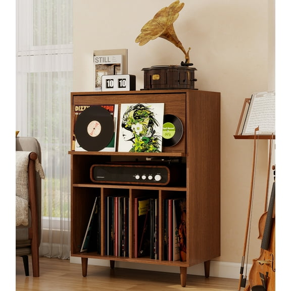 PULUOMIS Record Player Stand with Vinyl Storage, Flip Top Media Cabinet, Audio-Video Stereo Cabinet，Mid-Century Turntable Table with Open Storage for Living Room, Bedroom, Walnut