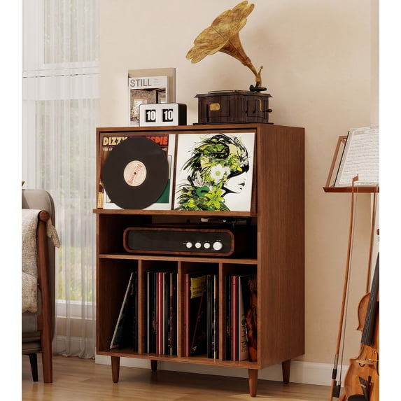 PULUOMIS Record Player Stand with Vinyl Storage, Flip Top Media Cabinet, Audio-Video Stereo Cabinet,Mid-Century Turntable Table with Open Storage for Living Room, Bedroom, Walnut