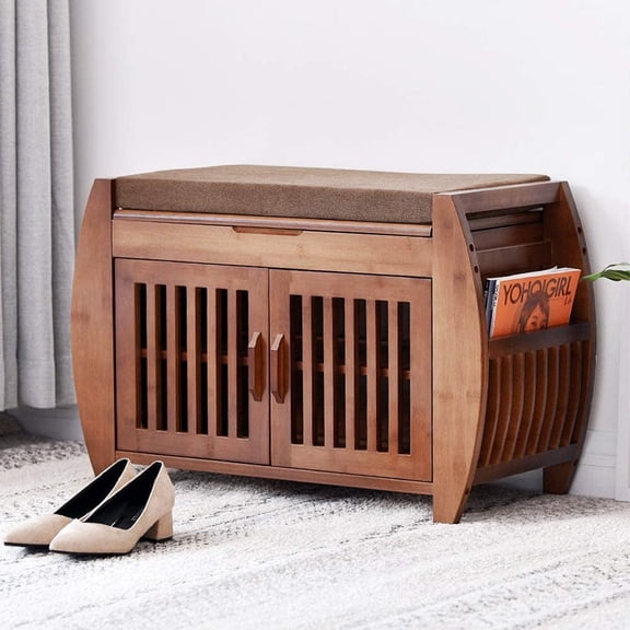 PULUOMIS Shoe Storage Bench & Bamboo Shoe Bench & Shoe Rack Cabinet Storage Benches, Entryway Storage Organizer for Style & Comfort, Detachable Cushion with Hidden Storage Compartment