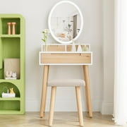 PULUOMIS Small Makeup Vanity Desk with Adjustable Brightness Mirror Light for Small Spaces, Vanity Desk with Drawers and Storage Shelves