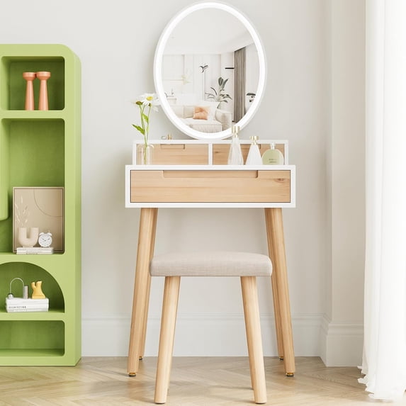PULUOMIS Small Makeup Vanity Desk with Adjustable Brightness Mirror Light for Small Spaces, Vanity Desk with Drawers and Storage Shelves