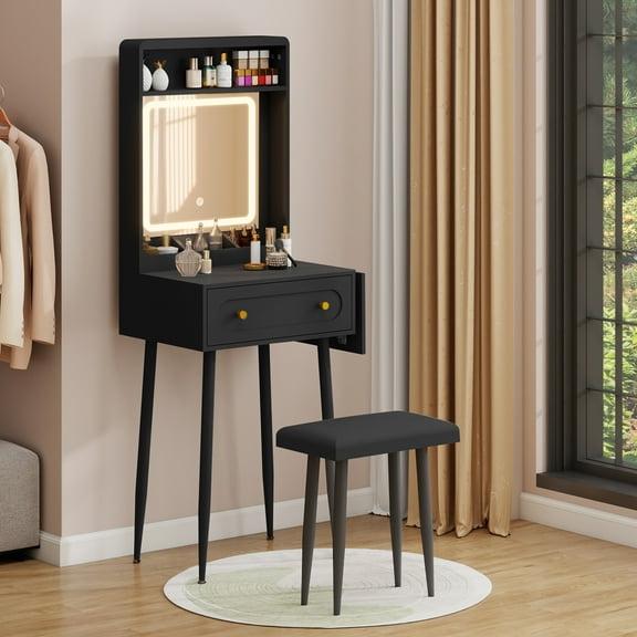 PULUOMIS Small Vanity Desk with Mirror and Lights,Makeup Vanity Table with Chair and Drawers for Small Space, Compact Dressing Table with Sliding Door for Bedroom,Black