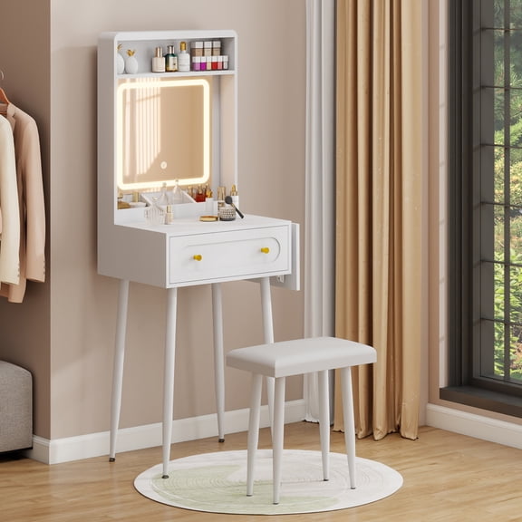 PULUOMIS Small Vanity Desk with Mirror and Lights,Makeup Vanity Table with Chair and Drawers for Small Space, Compact Dressing Table with