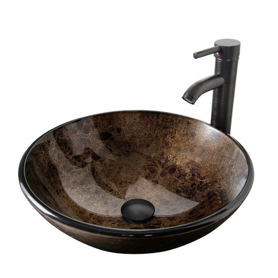 PULUOMIS Vessel Sink and Faucet Combo Bath Sinks with Mounting Ring and Pop Up Drain Round Bowl Basin Brown