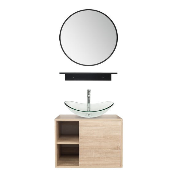 PULUOMIS Wall Mounted Bathroom Vanity Set with Mirror Storage Shelf, PVC Sheet Natural Cabinet with Black Side Panels (Cabinet + Sink)