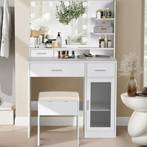 PULUOMIS White Makeup Modern Vanity with Mirror and Lights, 3 Drawers Vanity Table for Bedroom with Stool