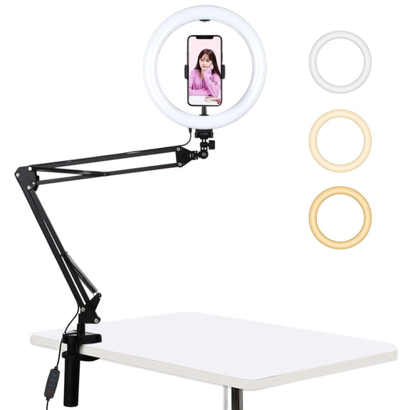QKOO 10.2 inch 26cm Ring Curved Light + Desktop Arm Stand USB 3 Modes Dimmable Dual Color LED