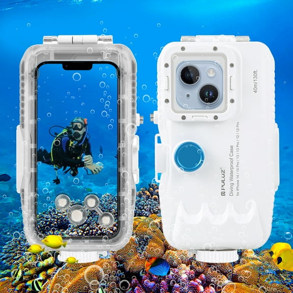 PULUZ 40m/130ft Waterproof Diving Case for iPhone 15 Pro / 14 / 14 Pro / 13 / 13 Pro / 12 / 12 Pro, with One-way Valve Photo Video Taking Underwater Housing Cover