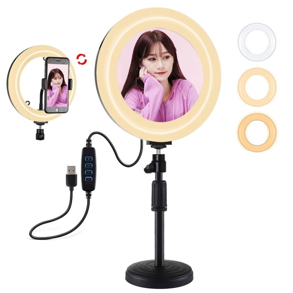 QKOO 7.9 inch 20cm Mirror Light + Round Base Desktop Mount 3 Modes Dimmable Dual Color LED Curved