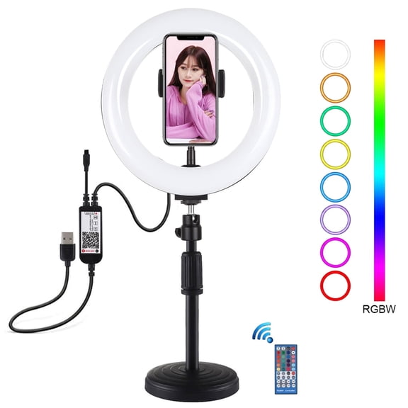 QKOO 7.9 inch 20cm RGBW Light + Round Base Desktop Mount Dimmable LED Dual Color Temperature LED
