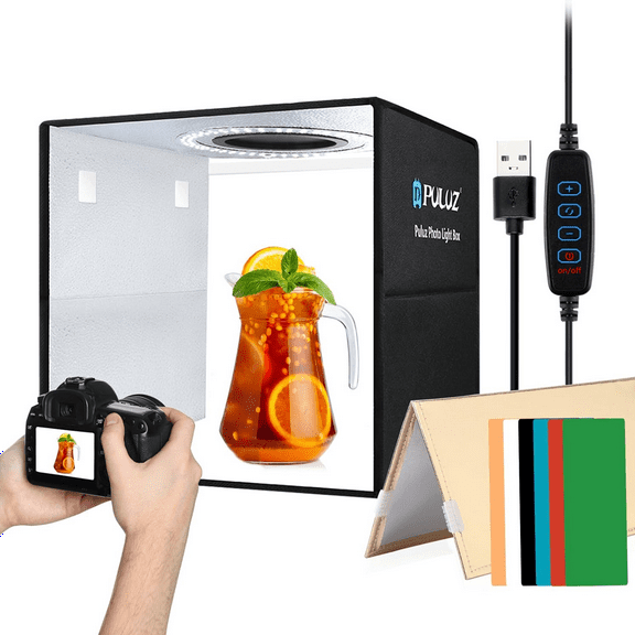 PULUZ Foldable Portable Photo Studio Light Box - 12"x12"x12" Mini Shooting Tent with Dimmable LED Ring Light & 6 Backdrops, CRI97, Ideal for Jewelry, Product Photography, and Online Sellers