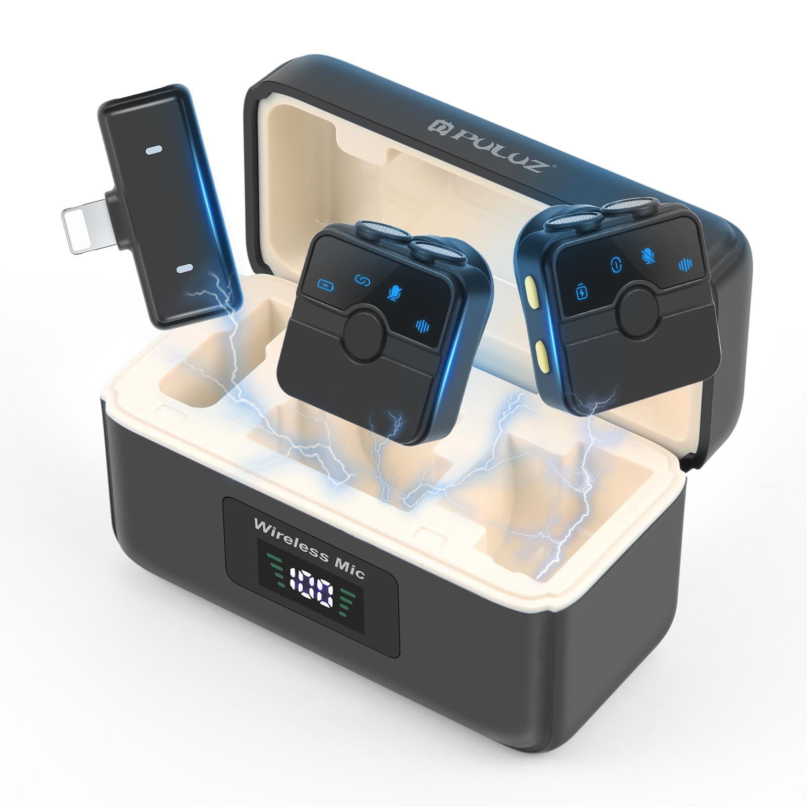 PULUZ Magnetic Lavalier Wireless Microphone with Charging Case Box, 8 Pin RX Receiver and 2 TX
