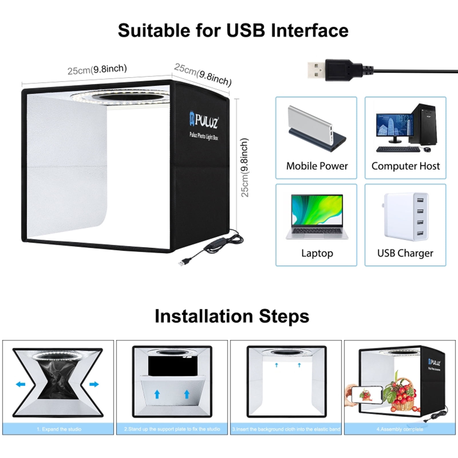 PULUZ Photography light box,250mm Portable Box Paper 12 Modes 10 Levels Box 3 Modes 3 Modes 10 Levels Usb Cable Colors Levels U-sb Cable Eryue Dsfen 6 -sided Paper