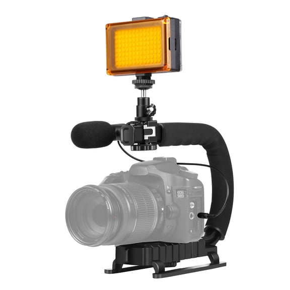 QKOO U/C Shape Portable Handheld DV Bracket Stabilizer + LED Studio Light + Video Shotgun Kit for