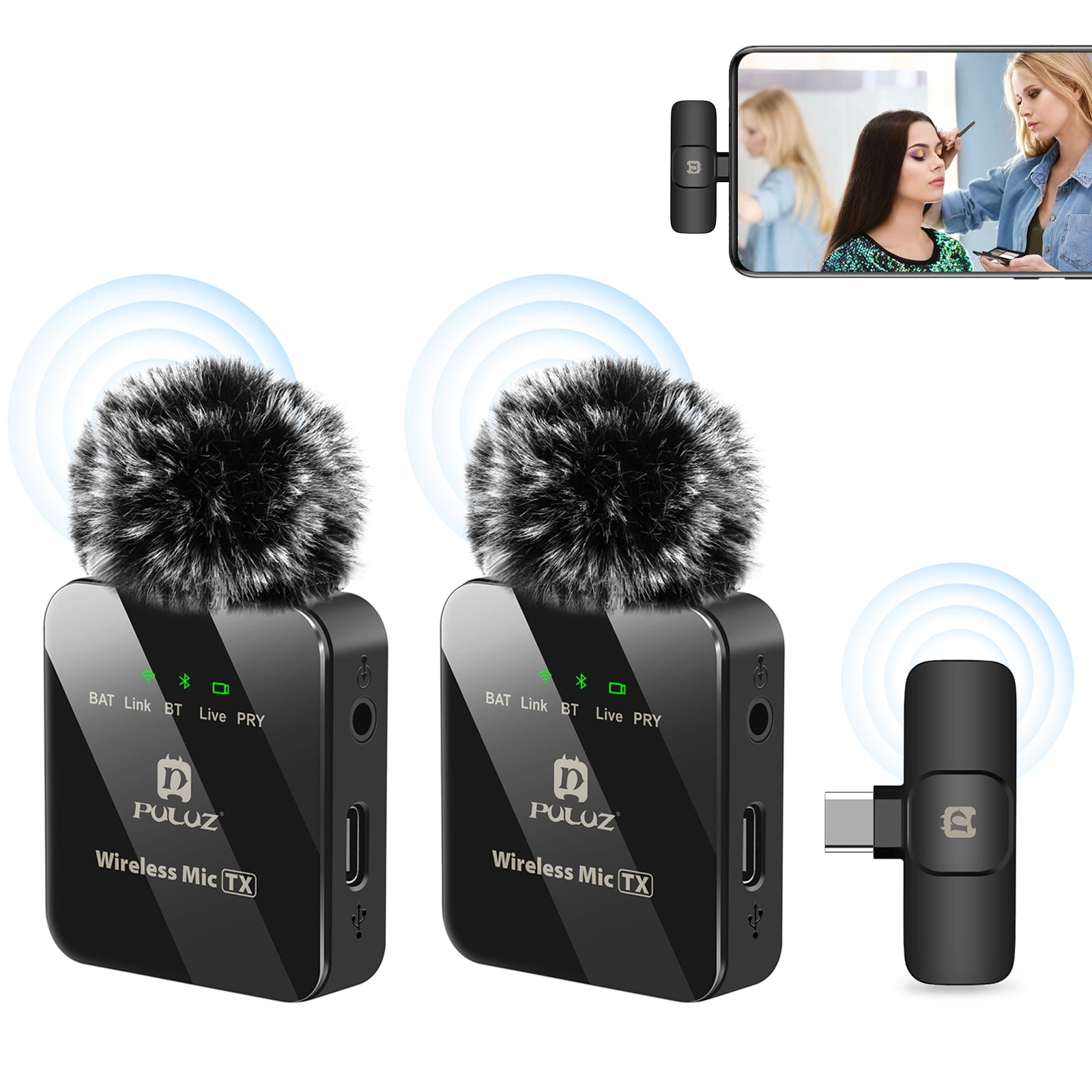 PULUZ Wireless Lavalier Microphone for Type-C Phone, Type-C Receiver and Dual Microphones (Black)