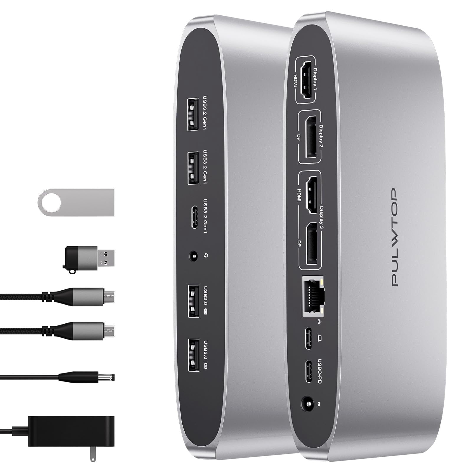 PULWTOP DisplayLink Docking Station - Triple Monitor For MacBook M1/M2/M3 & Windows, 4K@60Hz, 14 Ports, 100W PD