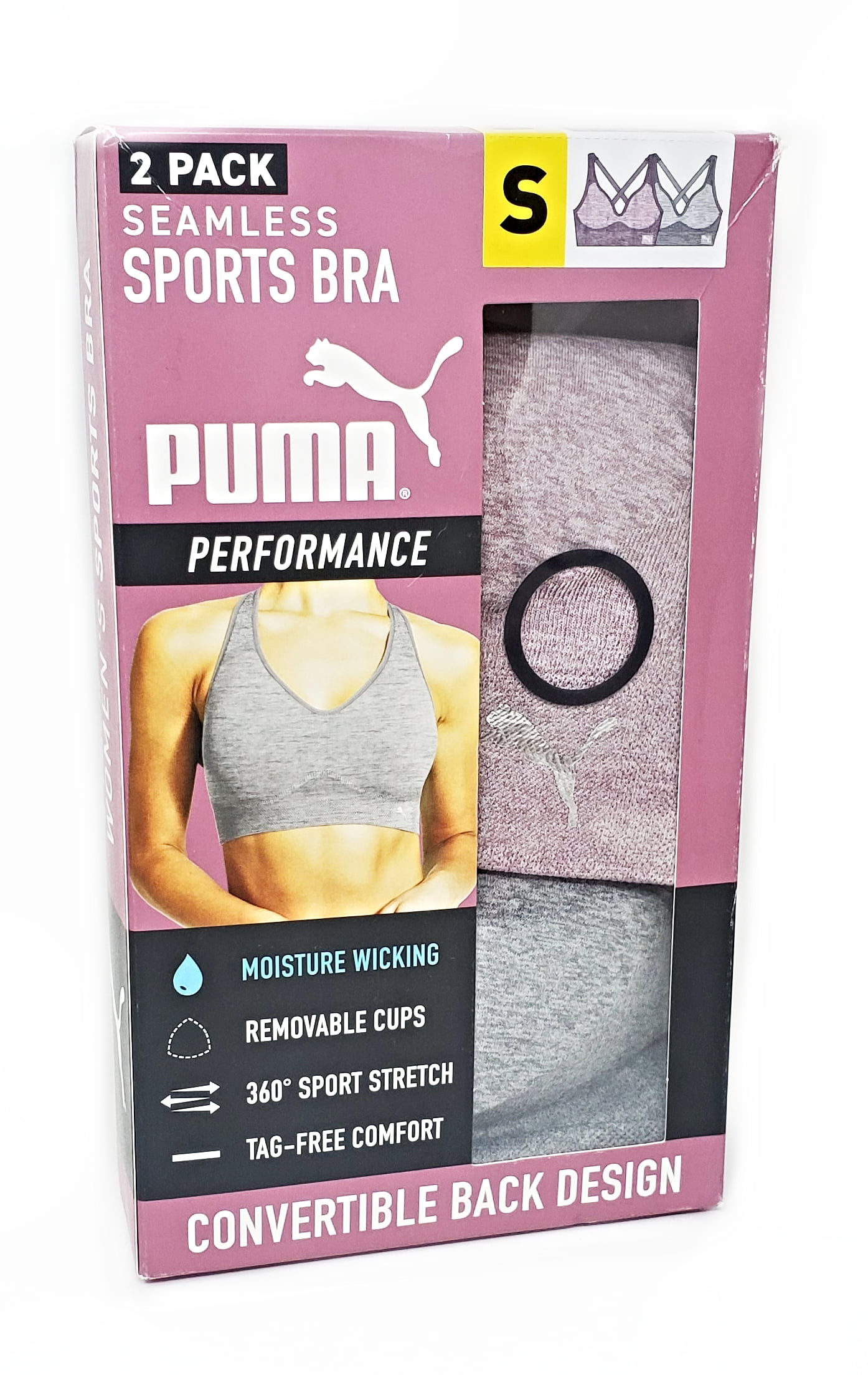 PUMA 2 Pack Seamless Sports Bra, Size: S (Blush, Gray) 