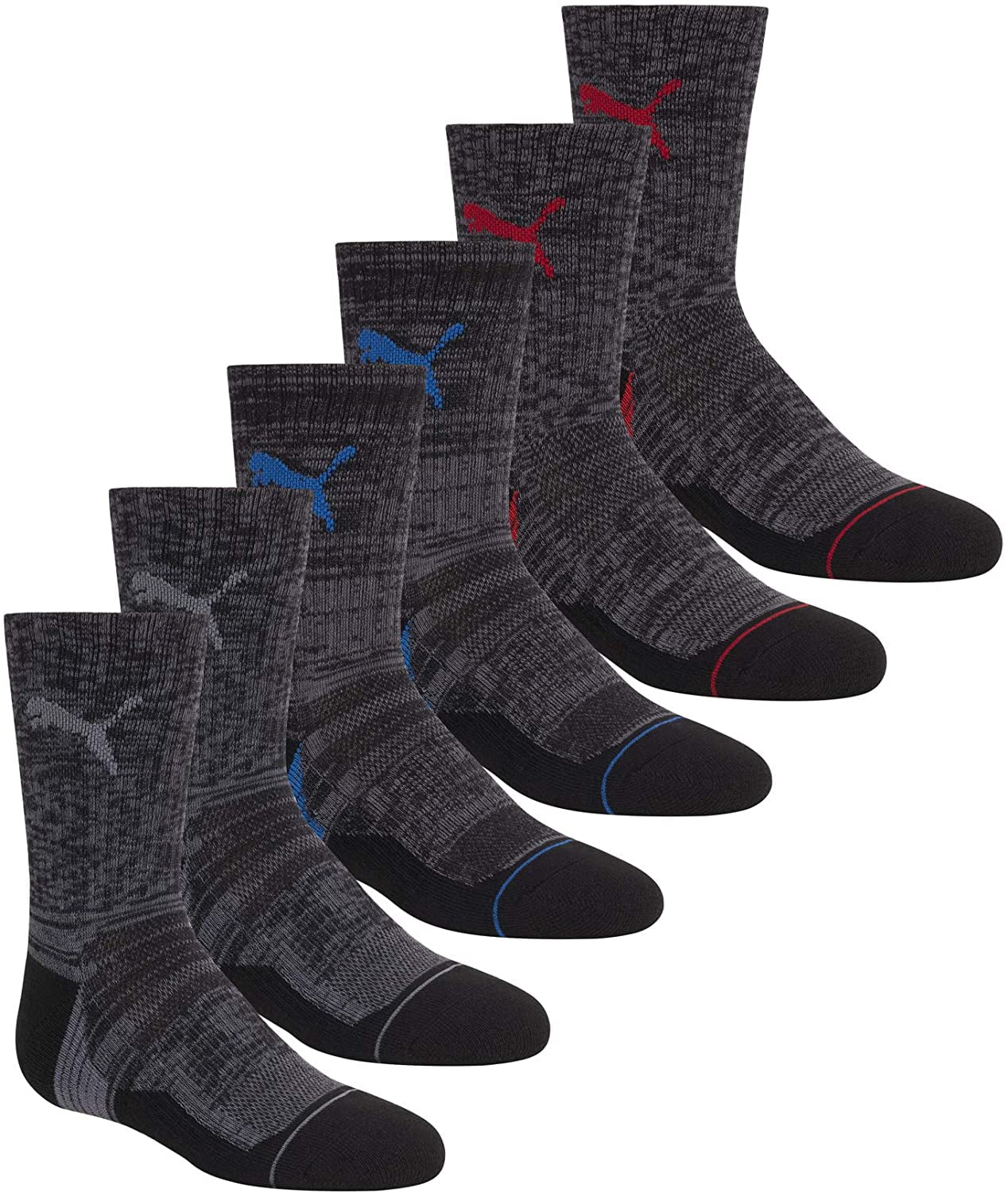 PUMA Boys Little 6 Pack Crew Cut Socks, Black, 7-8.5