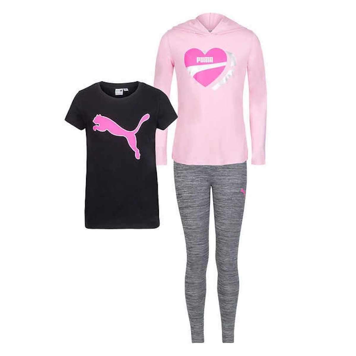 Little Girl's 3 Piece Active Set, Short Sleeve Shirt, Long Sleeve Hooded Tee, and Legging (Light Pink, XX-Small-3/4)