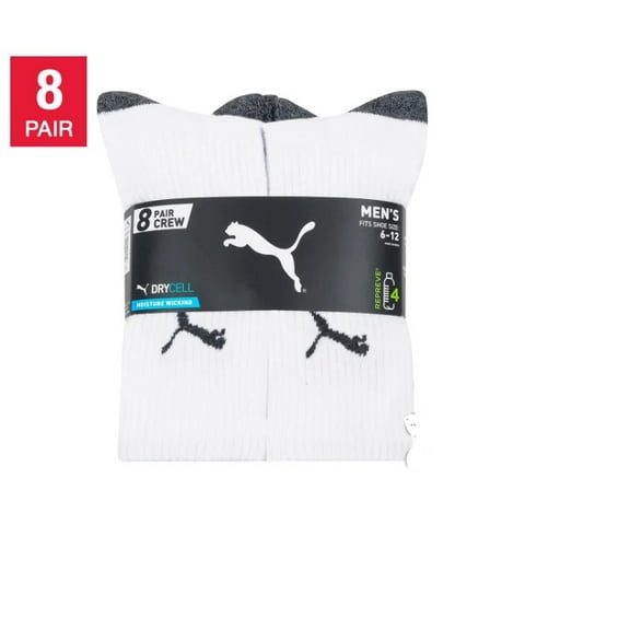 PUMA Men's Crew Socks, 8 pair, Fits Shoe Sizes 6-12, White