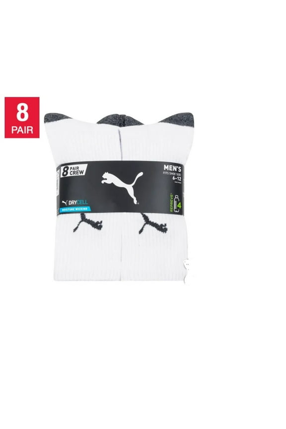 Men's Crew Socks, 8 pair, Fits Shoe Sizes 6-12, White