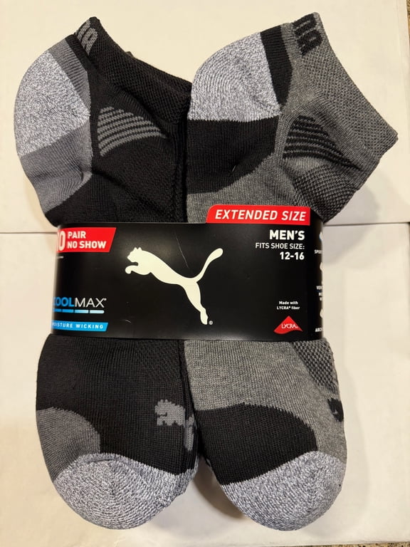 Men's No Show Sock, 10-pair, 5 Black and 5 Gray, Extended Size 12-16