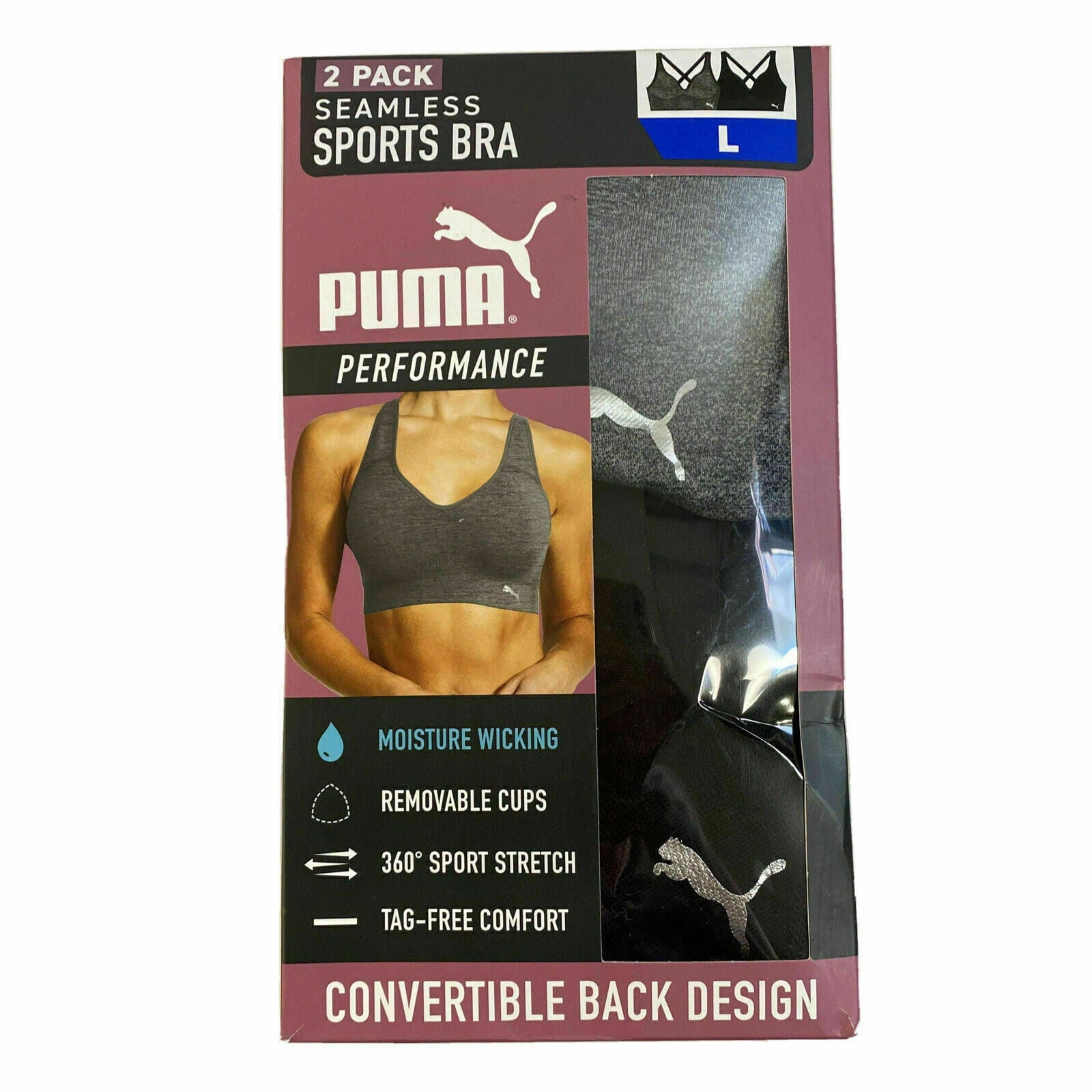PUMA Performance Women\'s Seamless Sports Bra 2 Pack Convertible (Black/Dark  Heather Grey, S)