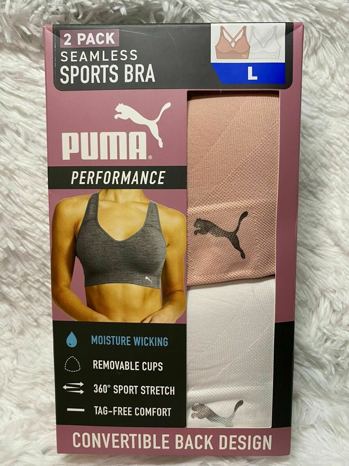 Pack Convertible Seamless PUMA 2 Performance Bra Sports (White/Pink, Women\'s Large)