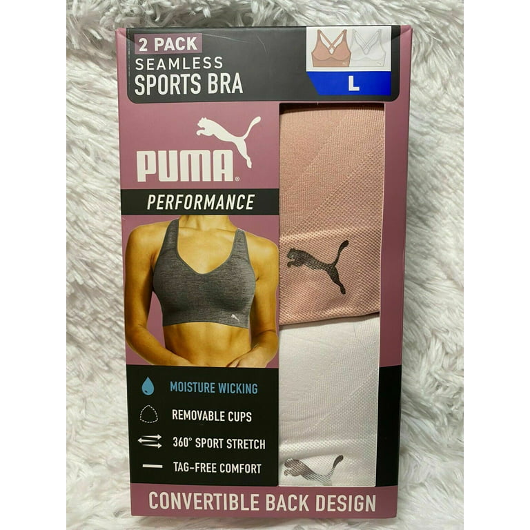 PUMA Performance Women's Seamless Sports Bra 2 Pack Convertible  (White/Pink, Large) 