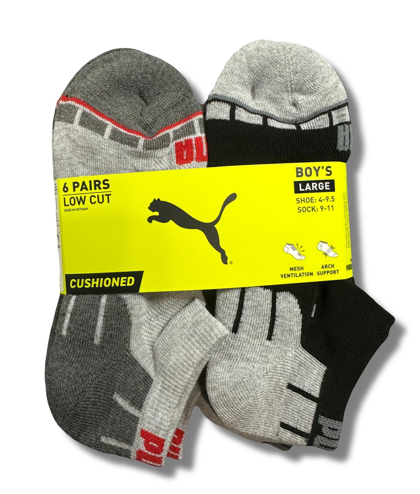 PUMA SOCKS BOYS X6 - LOW CUT 243 - CUBE RED GREY - LARGE SZ SHOE 4-9.5 ...
