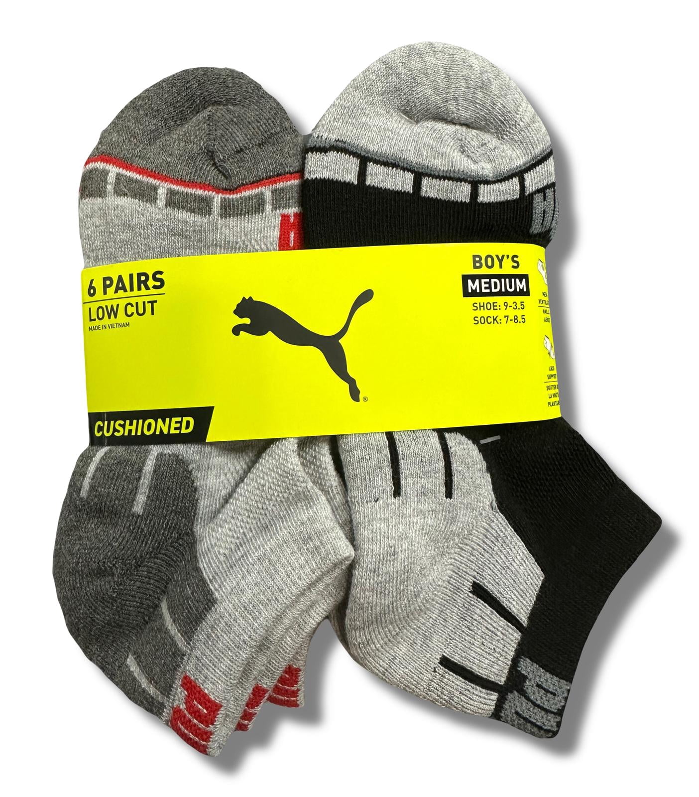 PUMA SOCKS BOYS X6 - LOW CUT 243 - CUBE RED GREY - MEDIUM SZ SHOE 9-3.5 ...