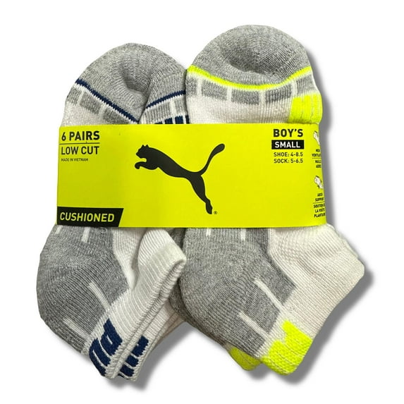 PUMA SOCKS BOYS X6 - LOW CUT 243 - CUBE WHITE - SMALL SZ SHOE 4-8.5 - 6 PACK