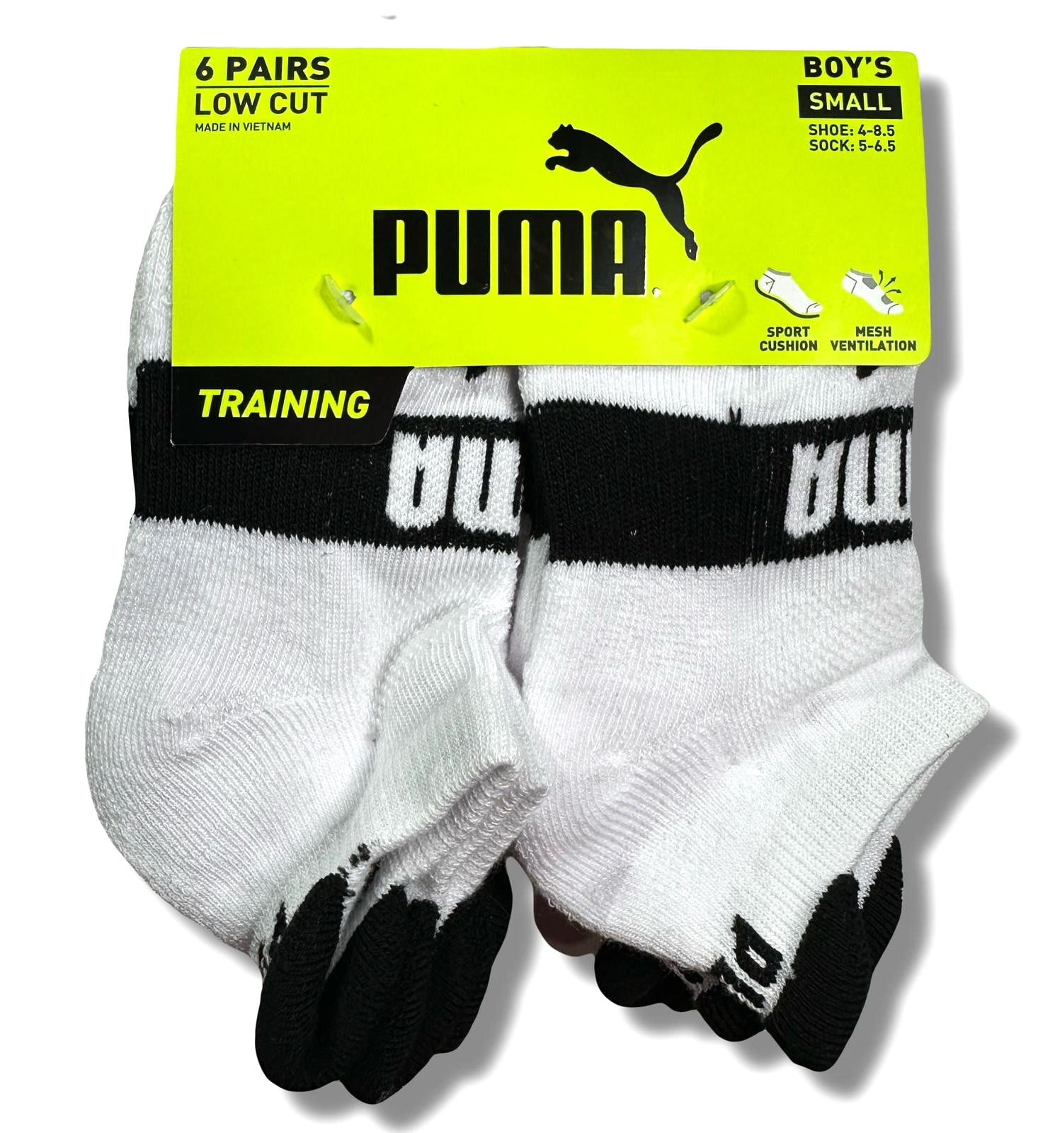 PUMA SOCKS BOYS X6 - LOW CUT 253 - EDGE WHITE BLACK - SMALL SHOE 4-8.5 ...