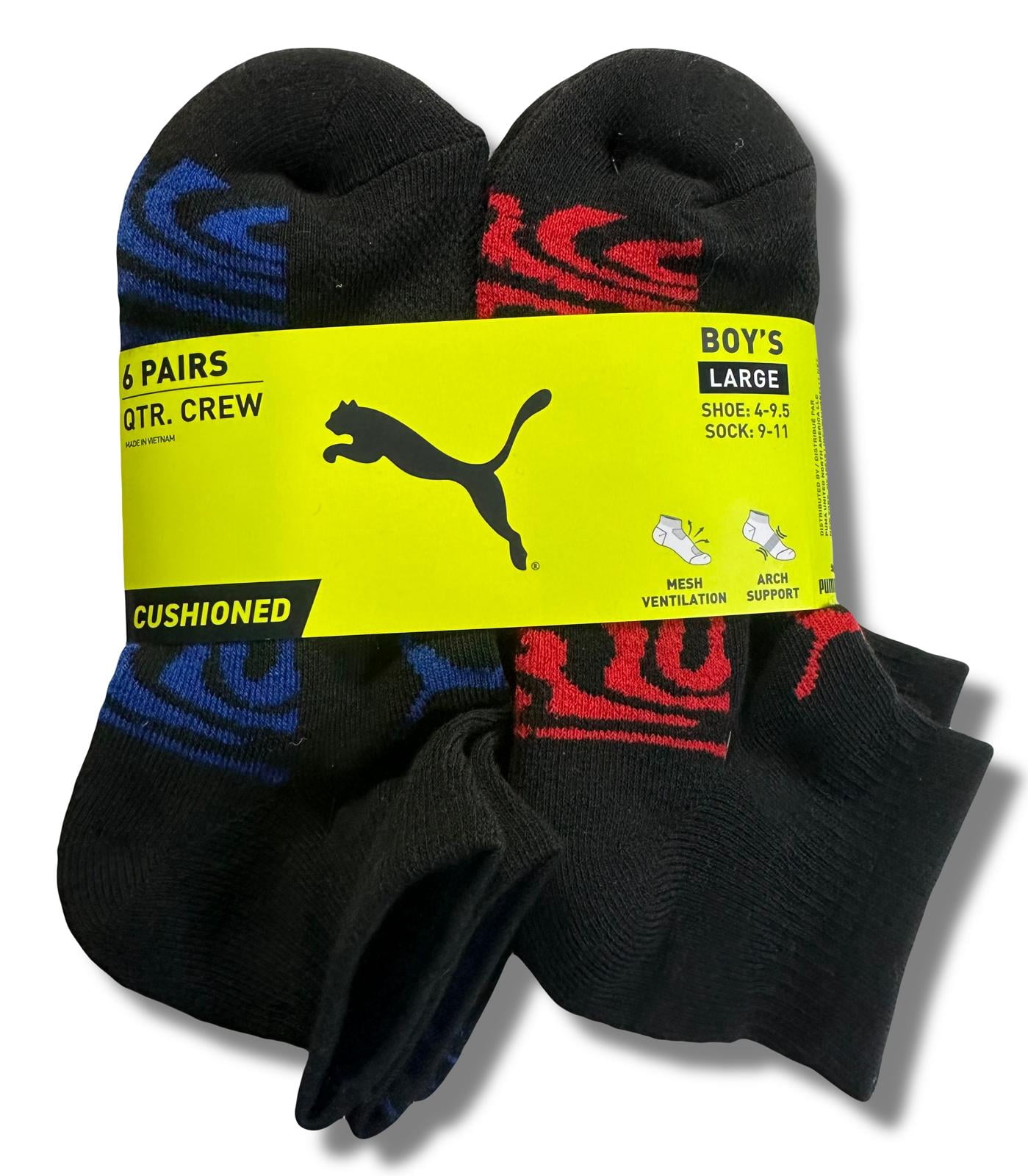 PUMA SOCKS BOYS X6 - QUARTER 243 DECO - SZ LARGE - SHOE SZ 4-9.5 ...