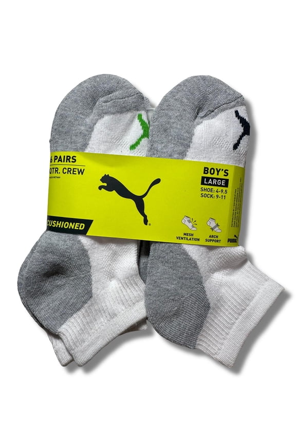 SOCKS BOYS X6 - QUARTER 243 - JAKE WHITE GREEN - LARGE SZ SHOE 4-9.5 6 PACK