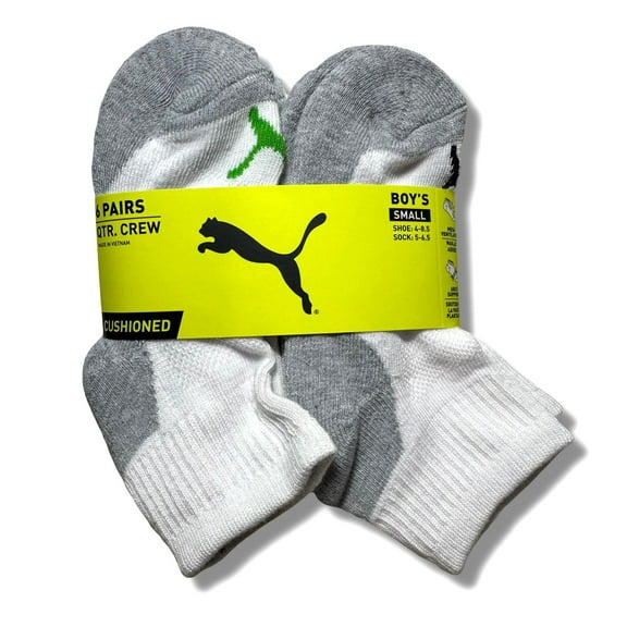 PUMA SOCKS BOYS X6 - QUARTER 243 - JAKE WHITE GREEN - SMALL SZ SHOE 4-8.5 6 PACK